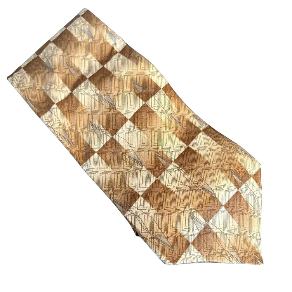Haggar Black Label Silk Tie Geometric Brown Tan Checkerboard‎ Extra Long retro